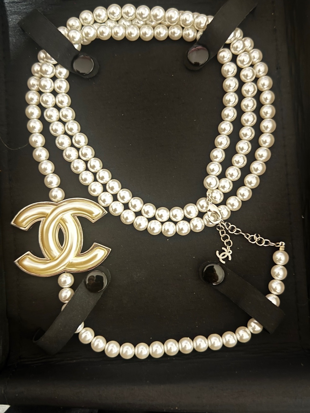 CHANEL Pearl Multi-Strand Necklace with Gold CC Emblem